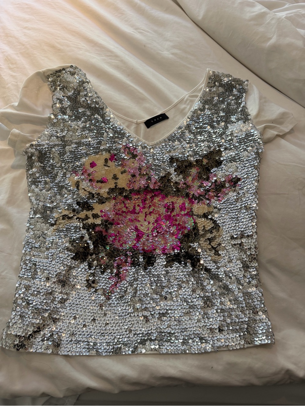 Sequin Floral V-Neck Women's Top - Silver with Pink Accents Italian